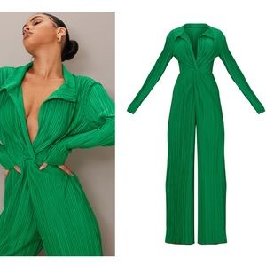 Bright Green Plisse Plunge Collar Detail Jumpsuit